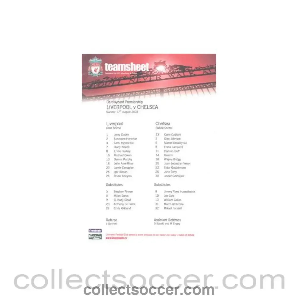 2003 - Liverpool v Chelsea official colour teamsheet 17/08/2003 Premier League