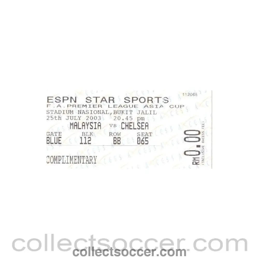 2003 - Malaysia v Chelsea used ticket 25/07/2003 Premier League Asia Cup - Collect Soccer