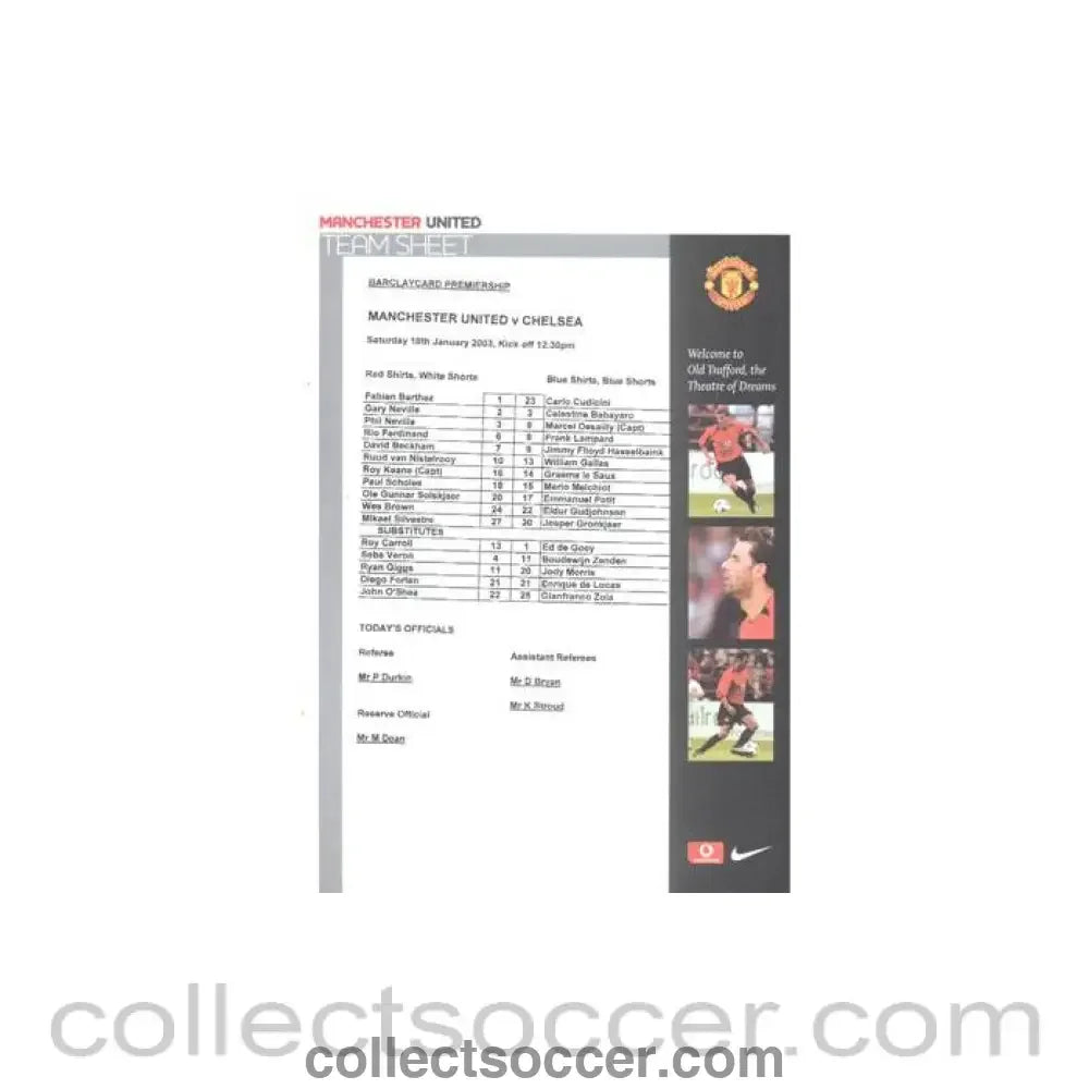 2003 - Manchester United v Chelsea official colour teamsheet 18/01/2003 Premier League