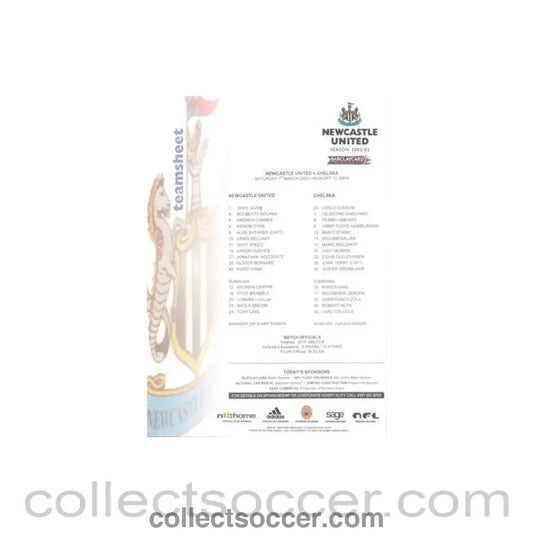 2003 - Newcastle United v Chelsea official colour teamsheet 01/03/2003 Premier League - Collect Soccer