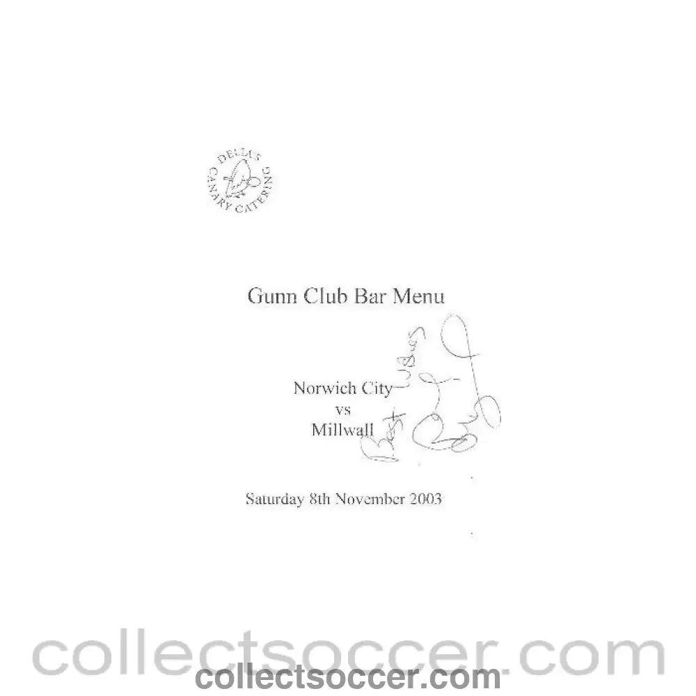 2003 - Norwich City v Millwall signed menu 08/11/2003 - Collect Soccer