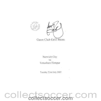 2003 - Norwich City v Tottenham Hotspur signed menu 22/07/2003 - Collect Soccer