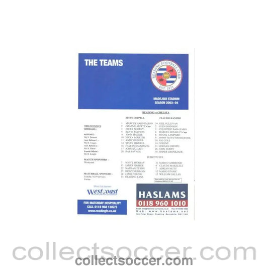 2003 - Reading v Chelsea official colour teamsheet 2003 - 2004 - Collect Soccer