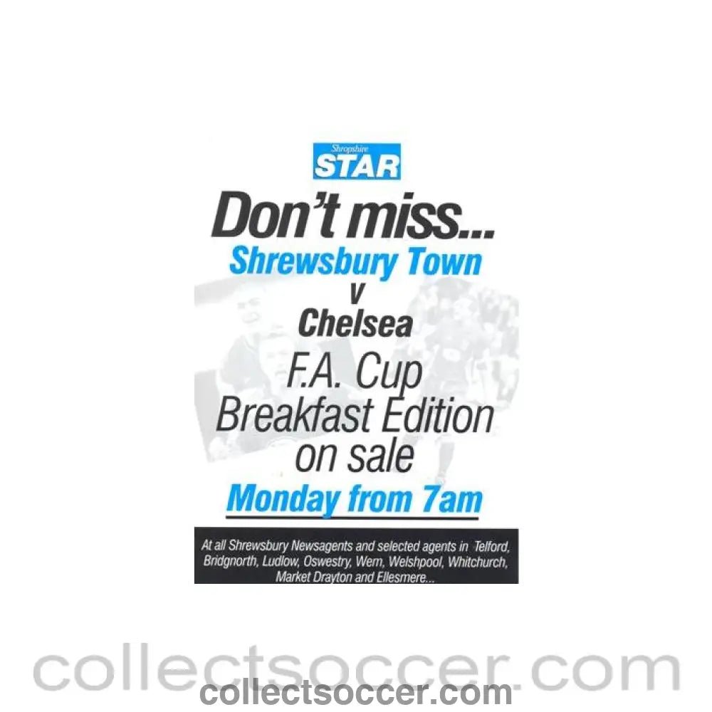 2003 - Shrewsbury Town v Chelsea 26/01/2003 F.A. Cup Breakfast Edition on sale - leaflet - Collect Soccer