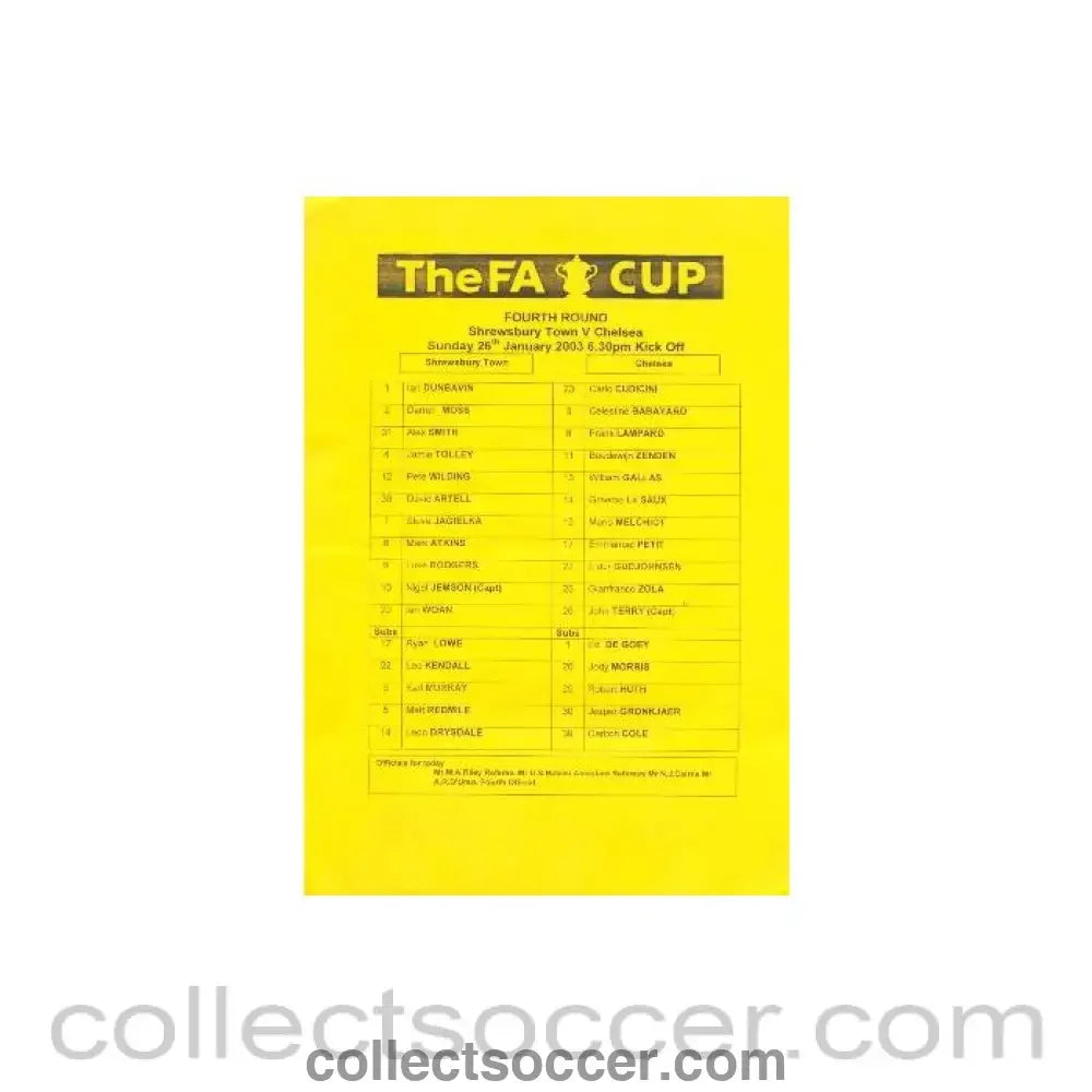 2003 - Shrewsbury Town v Chelsea official teamsheet 26/01/2003 FA Cup