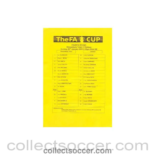 2003 - Shrewsbury Town v Chelsea official teamsheet 26/01/2003 FA Cup