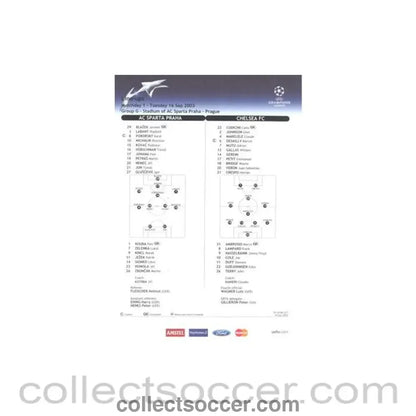 2003 - Sparta Prague v Chelsea line-ups 16/09/2003 Champions League - Collect Soccer