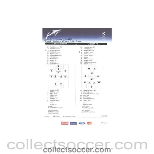 2003 - Sparta Prague v Chelsea line-ups 16/09/2003 Champions League