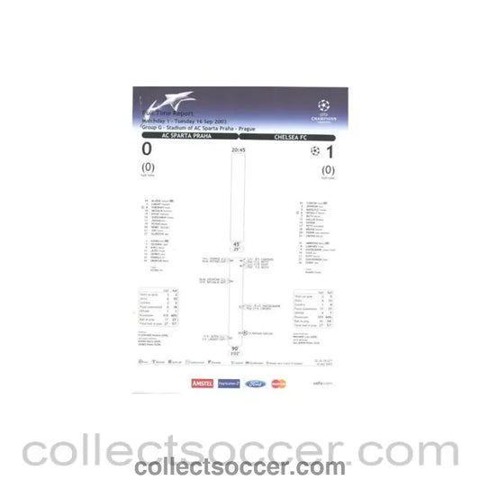 2003 - Sparta Prague v Chelsea official Full Time Report 16/09/2003 Champions League