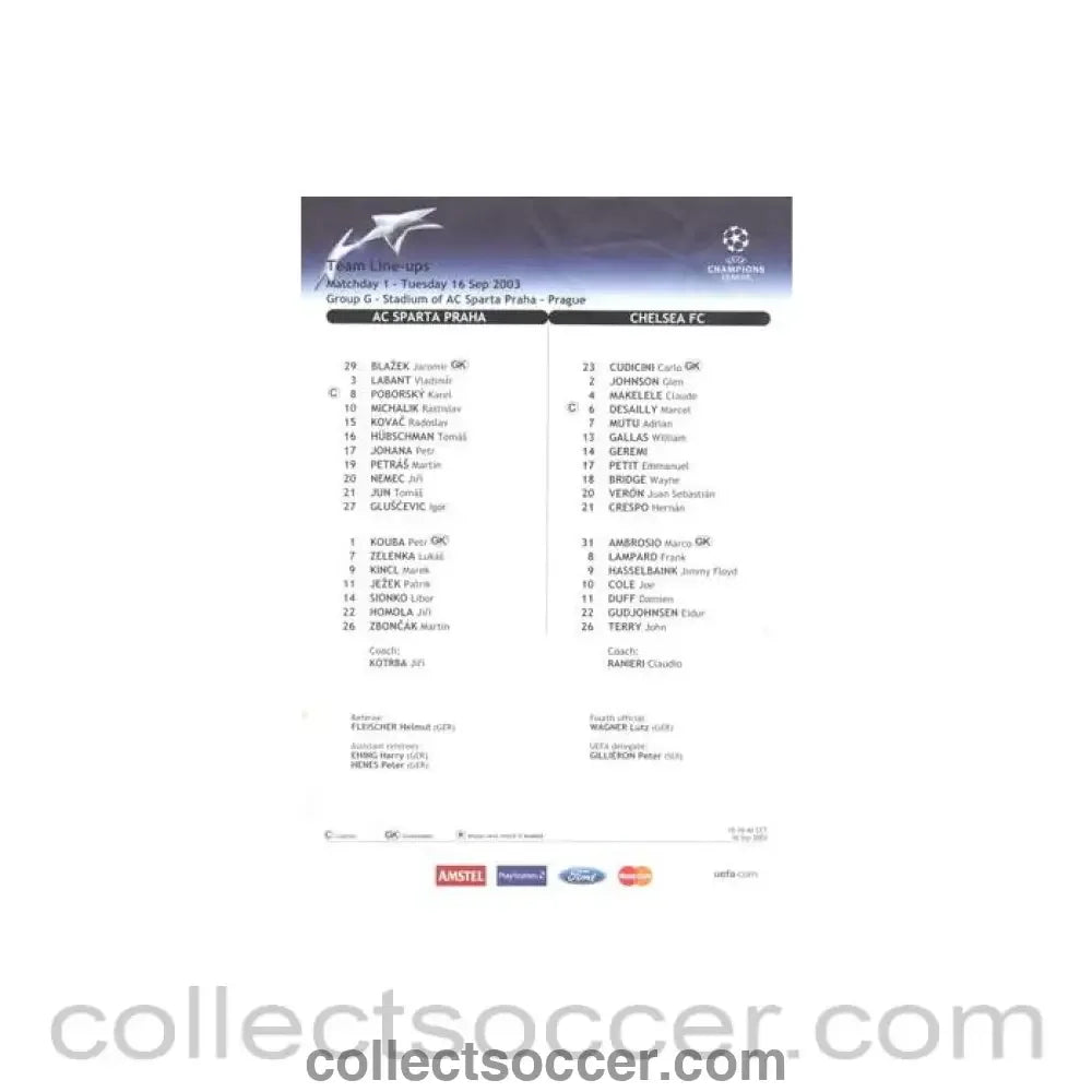 2003 - Sparta Prague v Chelsea official teamsheet 16/09/2003 Champions League - Collect Soccer
