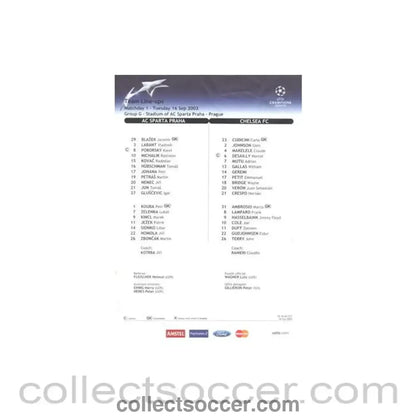 2003 - Sparta Prague v Chelsea official teamsheet 16/09/2003 Champions League - Collect Soccer