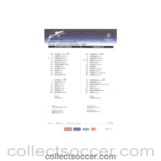 2003 - Sparta Prague v Chelsea official teamsheet 16/09/2003 Champions League