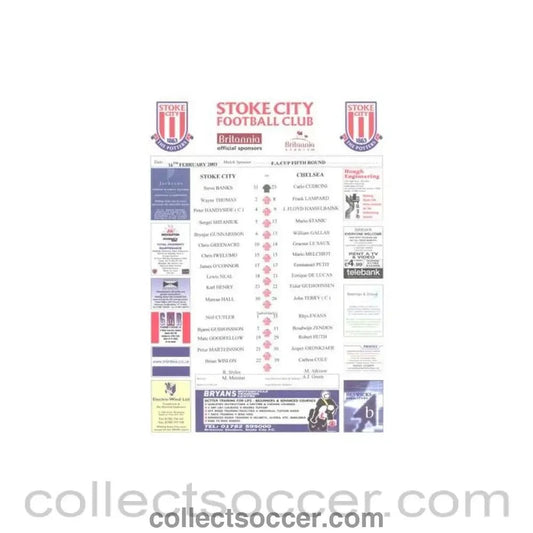 2003 - Stoke City v Chelsea official colour teamsheet 16/02/2003 F.A. Cup - Collect Soccer