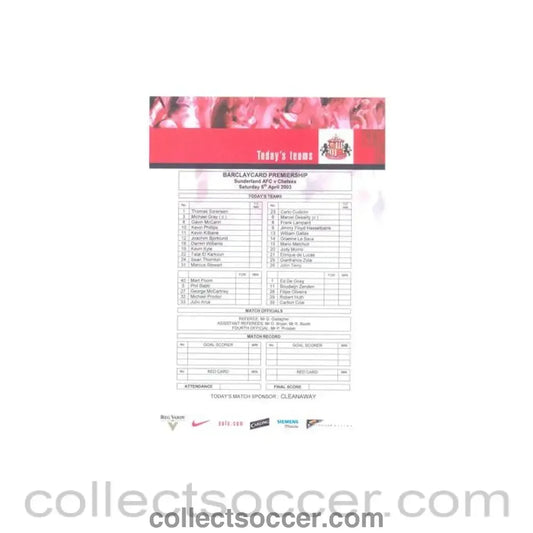 2003 - Sunderland v Chelsea official colour teamsheet 05/04/2003 Premier League