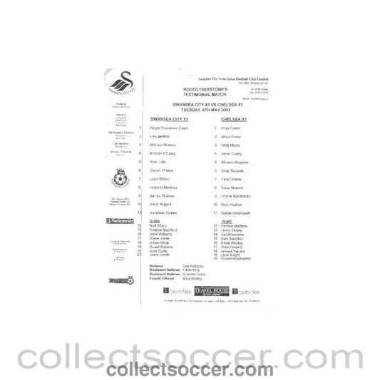 2003 - Swansea XI v Chelsea XI teamsheet 06/05/2003 Roger Freestone Testimonial Match - Collect Soccer