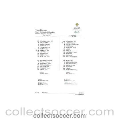 2003 UEFA Cup Final Celtic v Porto 21/05/2003 Team Line-Ups - Collect Soccer