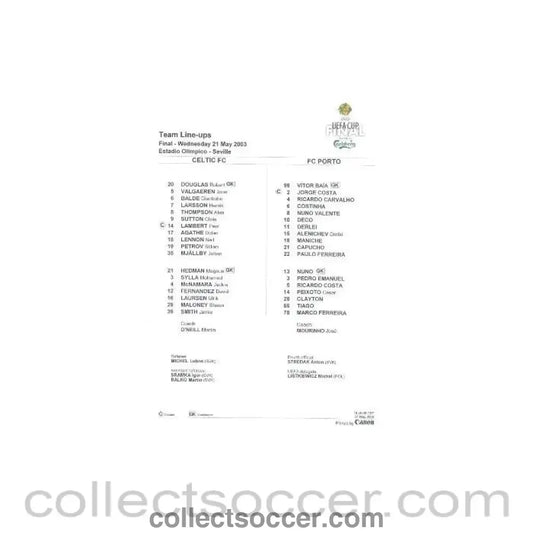 2003 UEFA Cup Final Celtic v Porto 21/05/2003 Team Line-Ups