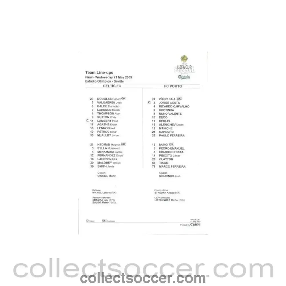 2003 UEFA Cup Final Celtic v Porto Original teamsheet 21/05/2003 - Collect Soccer