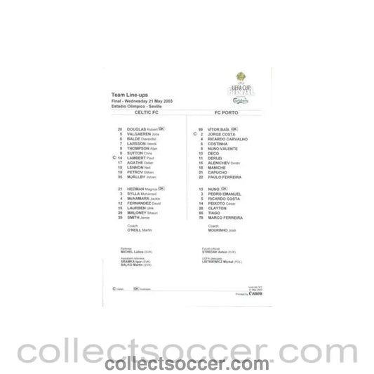 2003 UEFA Cup Final Celtic v Porto Original teamsheet 21/05/2003
