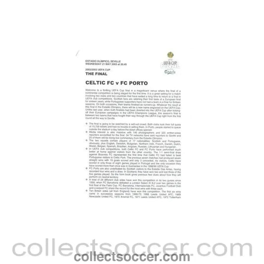 2003 UEFA Cup Final Celtic v Porto press pack 21/05/2003 without folder