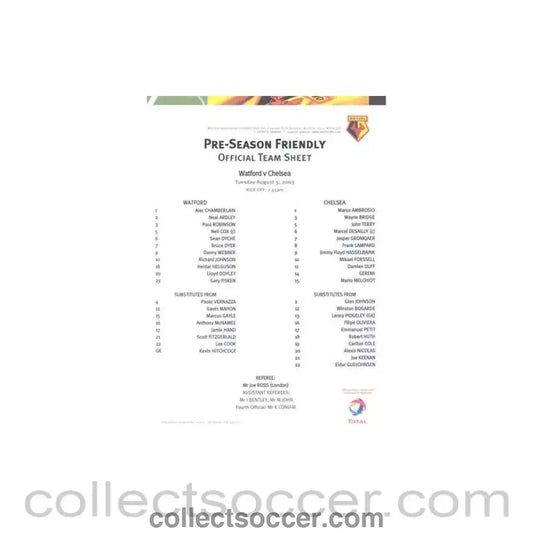 2003 - Watford v Chelsea official colour teamsheet 05/08/2003