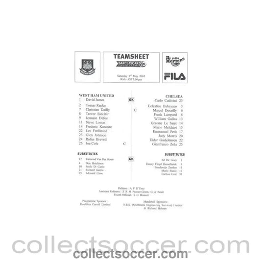 2003 - West Ham United v Chelsea official teamsheet 03/05/2003 Premier League - Collect Soccer