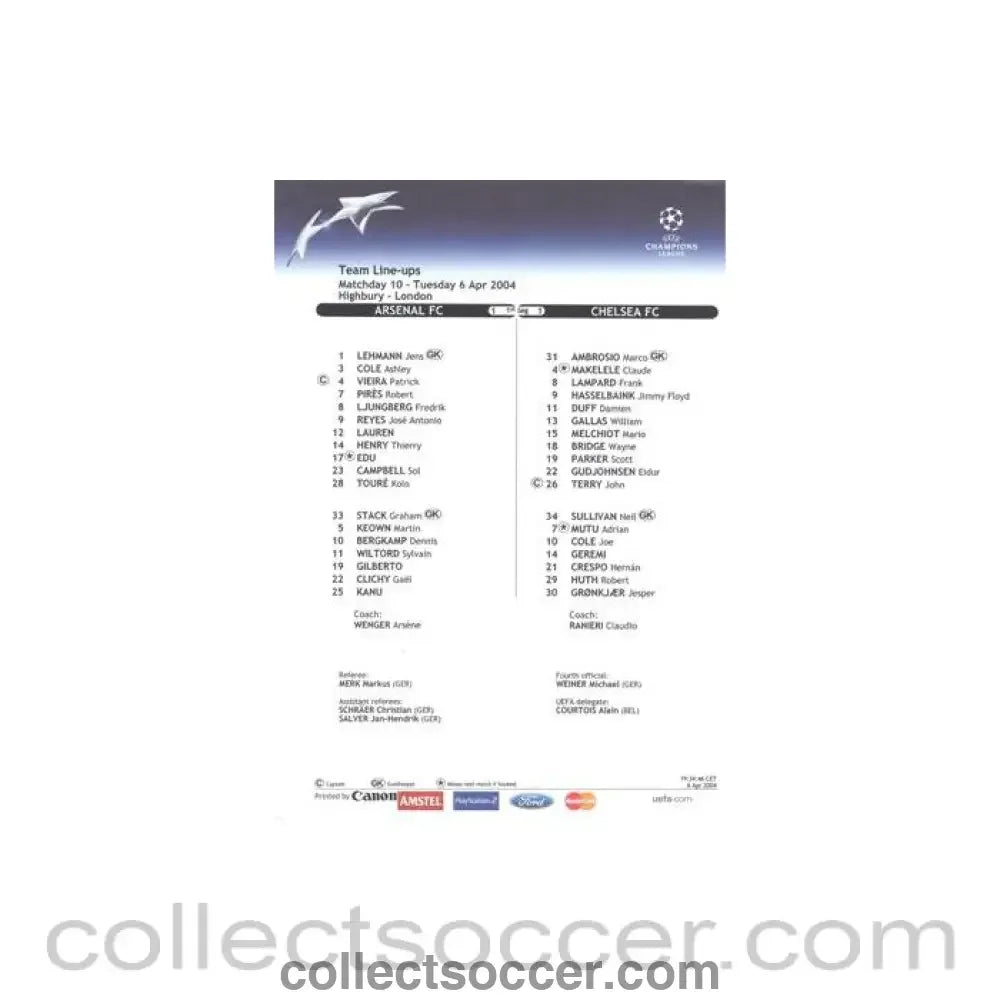 2004 - Arsenal v Chelsea official colour teamsheet 06/04/2004 Champions League - Collect Soccer