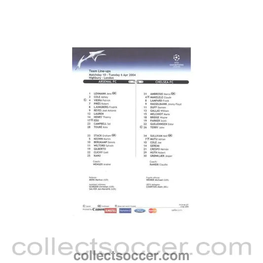 2004 - Arsenal v Chelsea official colour teamsheet 06/04/2004 Champions League
