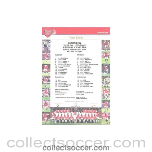 2004 - Arsenal v Chelsea official colour teamsheet 15/02/2004 F.A. Cup