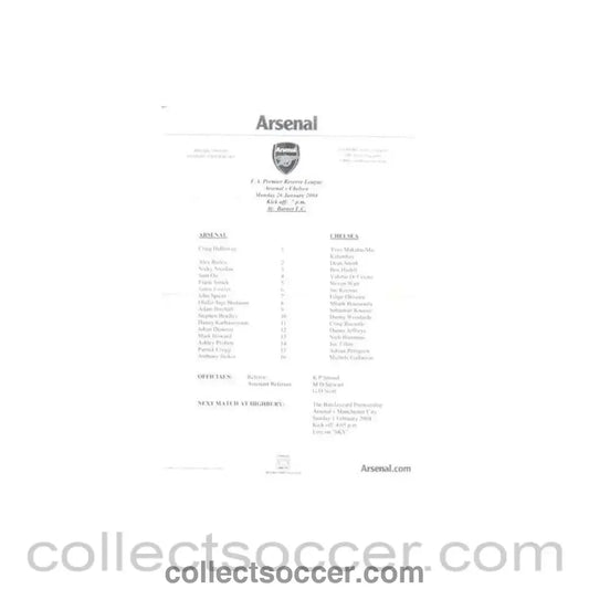 2004 - Arsenal v Chelsea official teamsheet 26/01/2004 F.A. Premier Reserve League