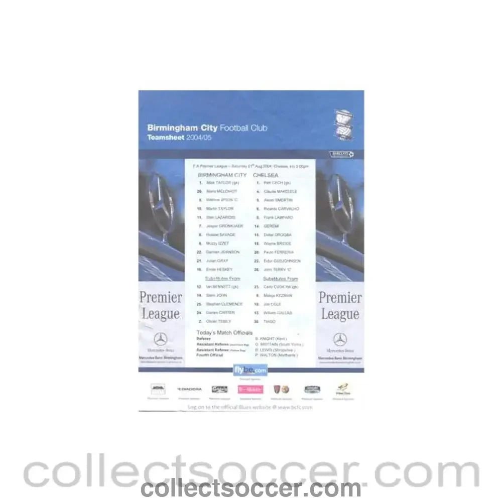 2004 - Birmingham City v Chelsea official colour teamsheet 21/08/2004 Premier League - Collect Soccer