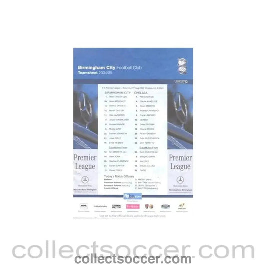 2004 - Birmingham City v Chelsea official colour teamsheet 21/08/2004 Premier League - Collect Soccer