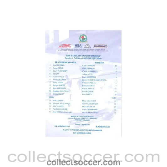2004 - Blackburn Rovers v Chelsea official colour teamsheet 01/02/2004 Premier League