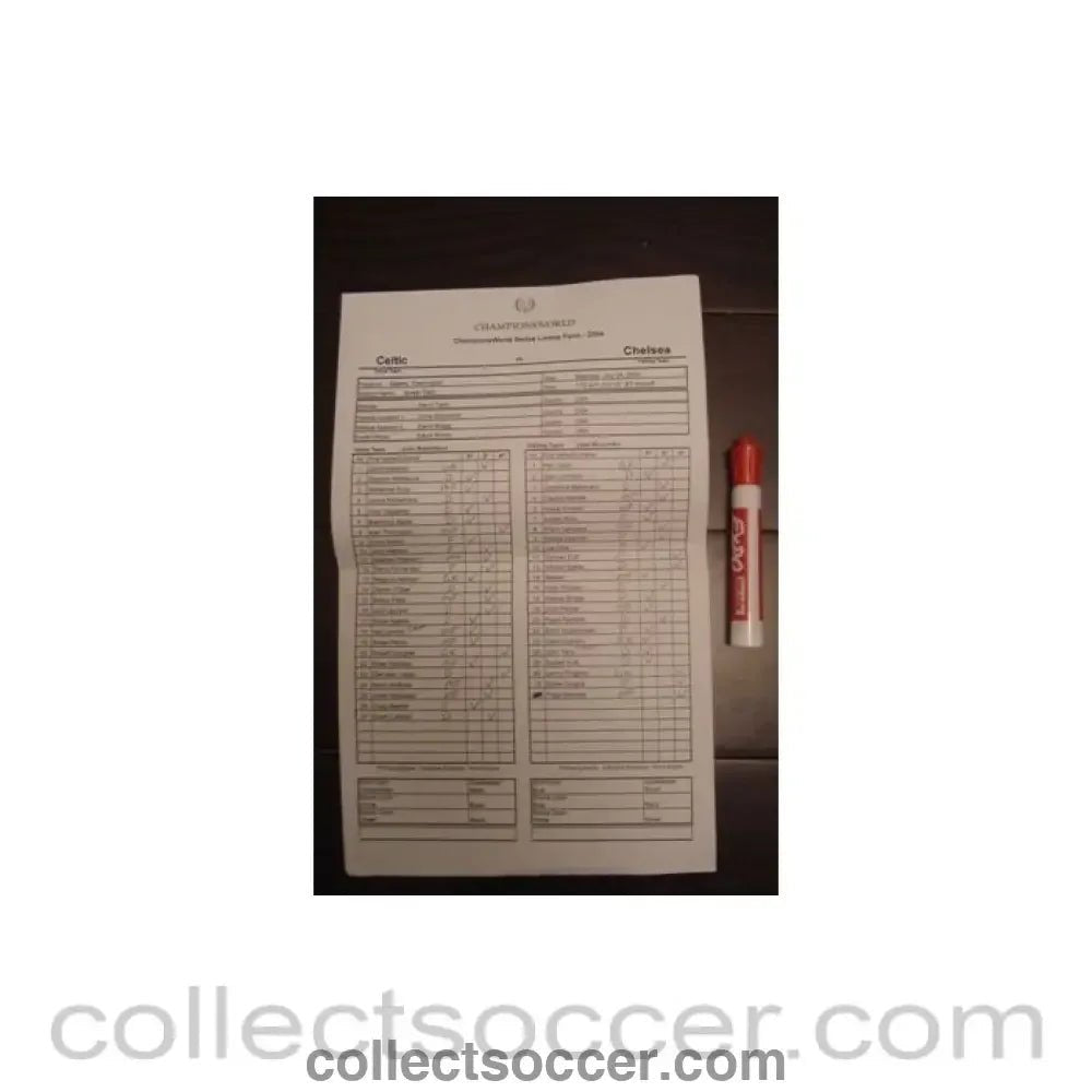 2004 - Celtic v Chelsea official handwritten teamsheet 24/07/2004 for a match played in Seattle, Washington, USA - Collect Soccer