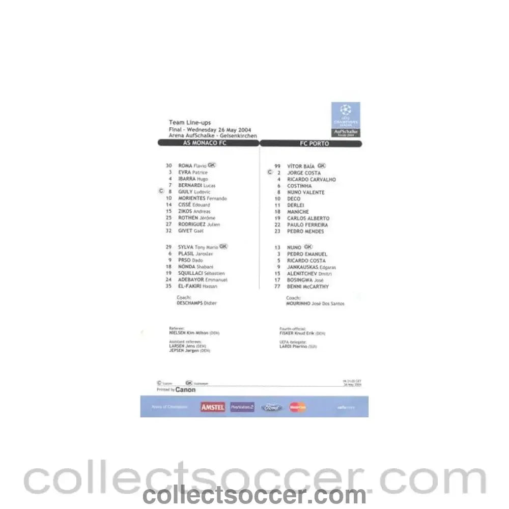 2004 Champions League Final Monaco v Porto Line-Ups