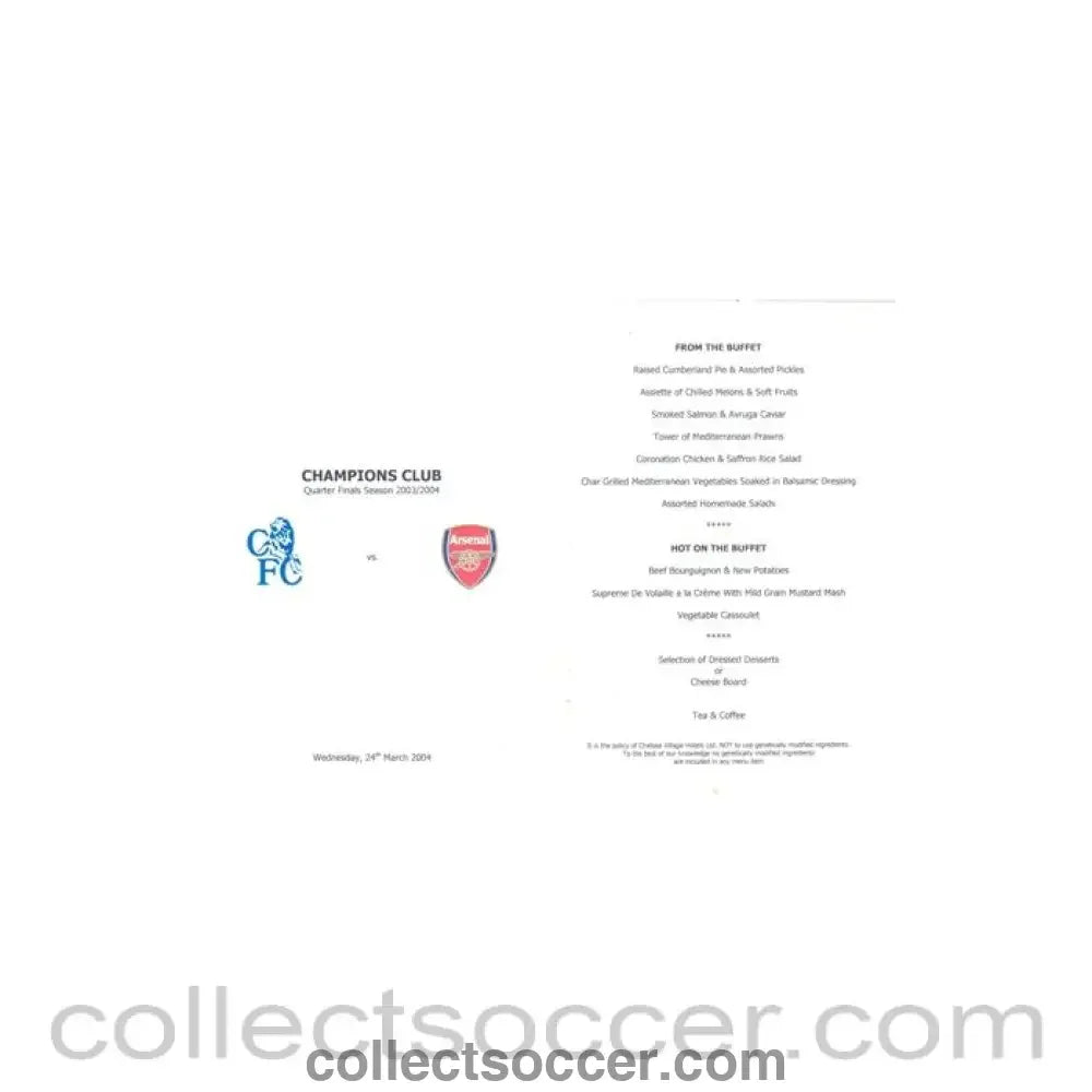 2004 - Chelsea v Arsenal Champions Club menu 24/03/2004 Champions League - Collect Soccer