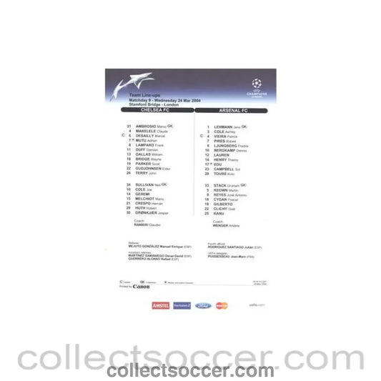 2004 - Chelsea v Arsenal official teamsheet 24/03/2004 Champions League