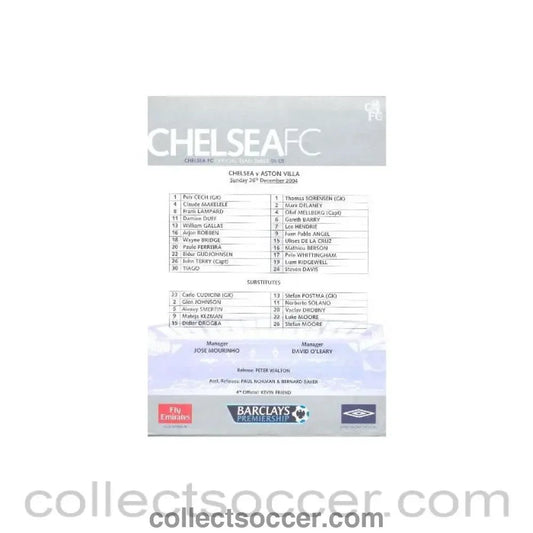 2004 - Chelsea v Aston Villa teamsheet 26/12/2004 - Collect Soccer