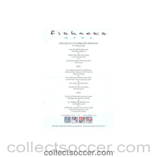2004 - Chelsea v Charlton Athletic Fishnets menu 08/02/2004 Premier League