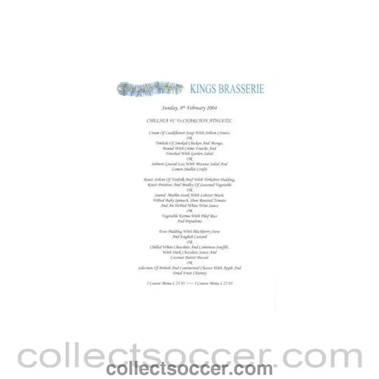 2004 - Chelsea v Charlton Athletic Kings Brasserie menu 08/02/2004 Premier League