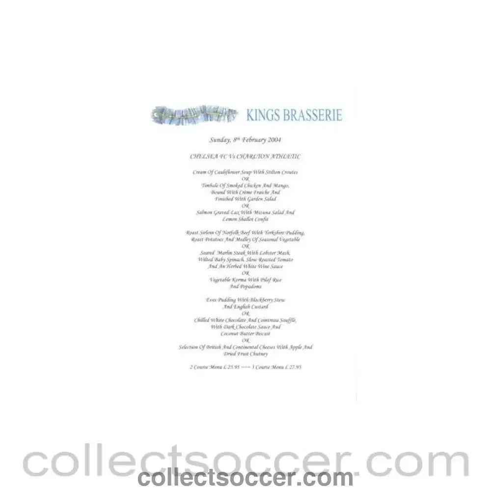 2004 - Chelsea v Charlton Athletic Kings Brasserie menu 08/02/2004 Premier League - Collect Soccer