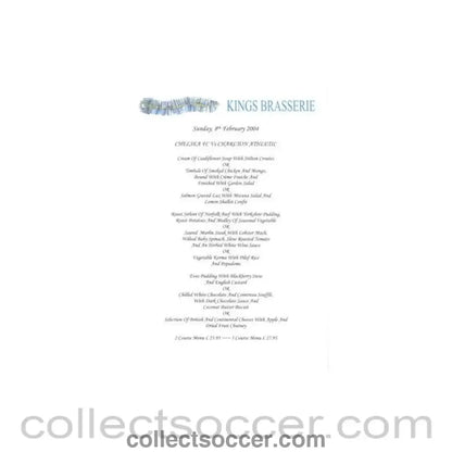 2004 - Chelsea v Charlton Athletic Kings Brasserie menu 08/02/2004 Premier League - Collect Soccer