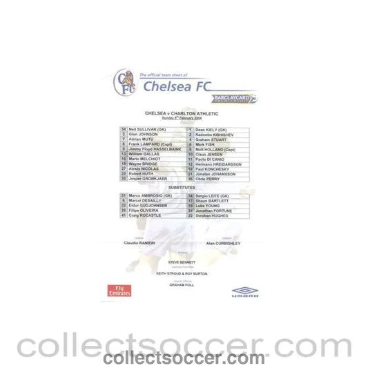 2004 - Chelsea v Charlton Athletic official colour teamsheet 08/02/2004 Premier League - Collect Soccer