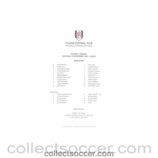 2004 - Chelsea v Fulham official colour teamsheet 13/11/2004