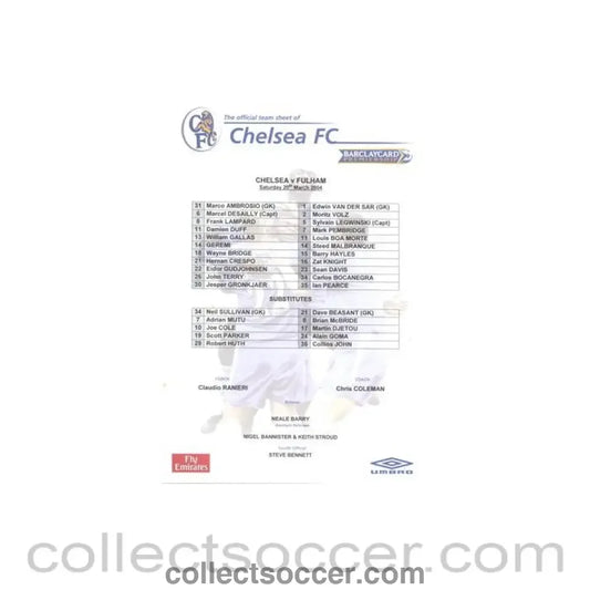 2004 - Chelsea v Fulham official teamsheet 20/03/2004 Premier League