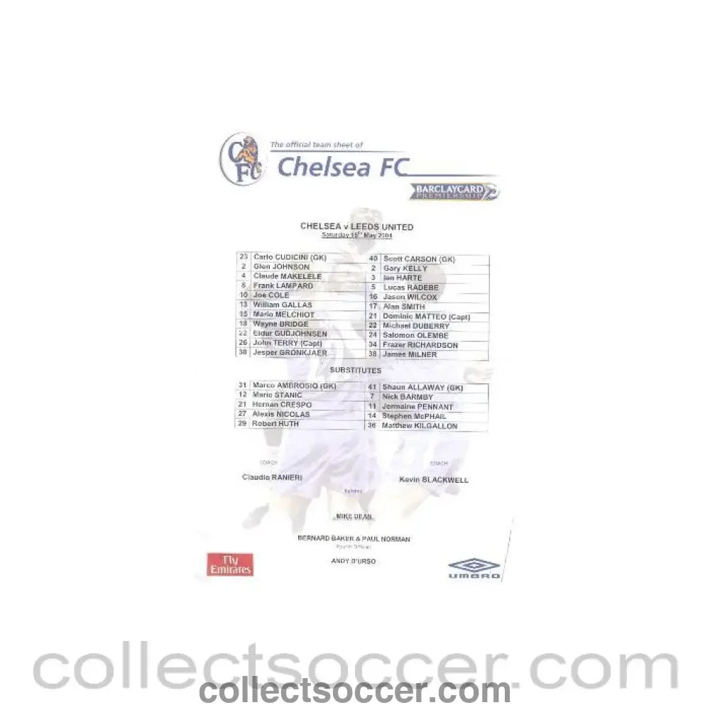 2004 - Chelsea v Leeds official teamsheet 15/05/2004