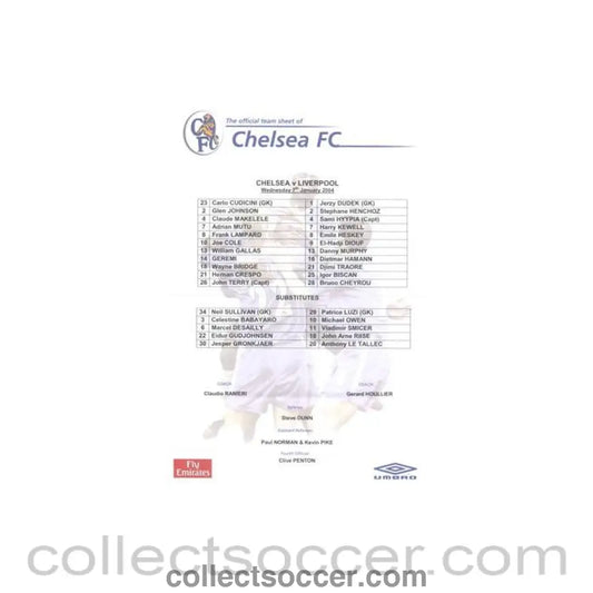 2004 - Chelsea v Liverpool official colour teamsheet 07/01/2004 Premier League - Collect Soccer