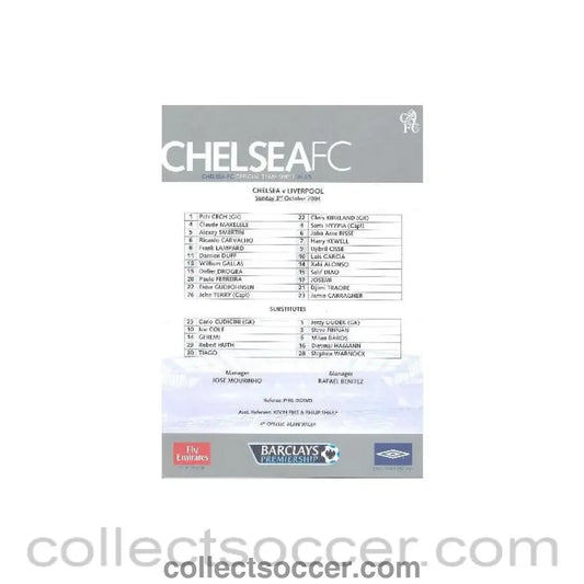 2004 - Chelsea v Liverpool official teamsheet 03/10/2004