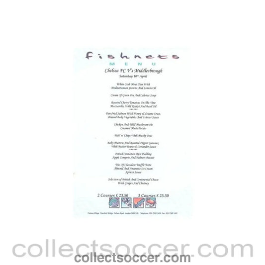 2004 - Chelsea v Middlesbrough Fishnets menu 10/04/2004 Premier League