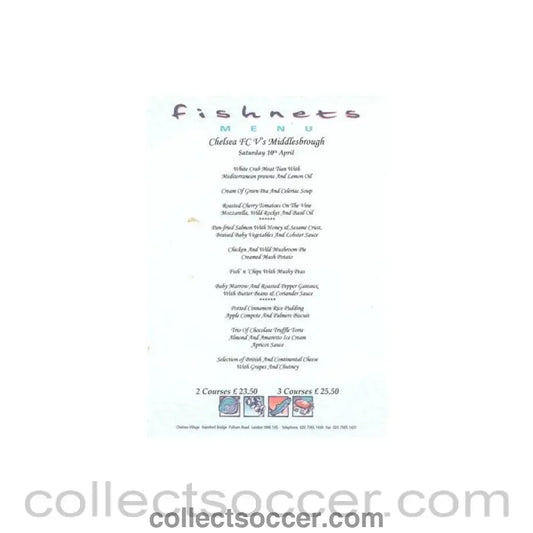 2004 - Chelsea v Middlesbrough Fishnets menu 10/04/2004 Premier League reduced price